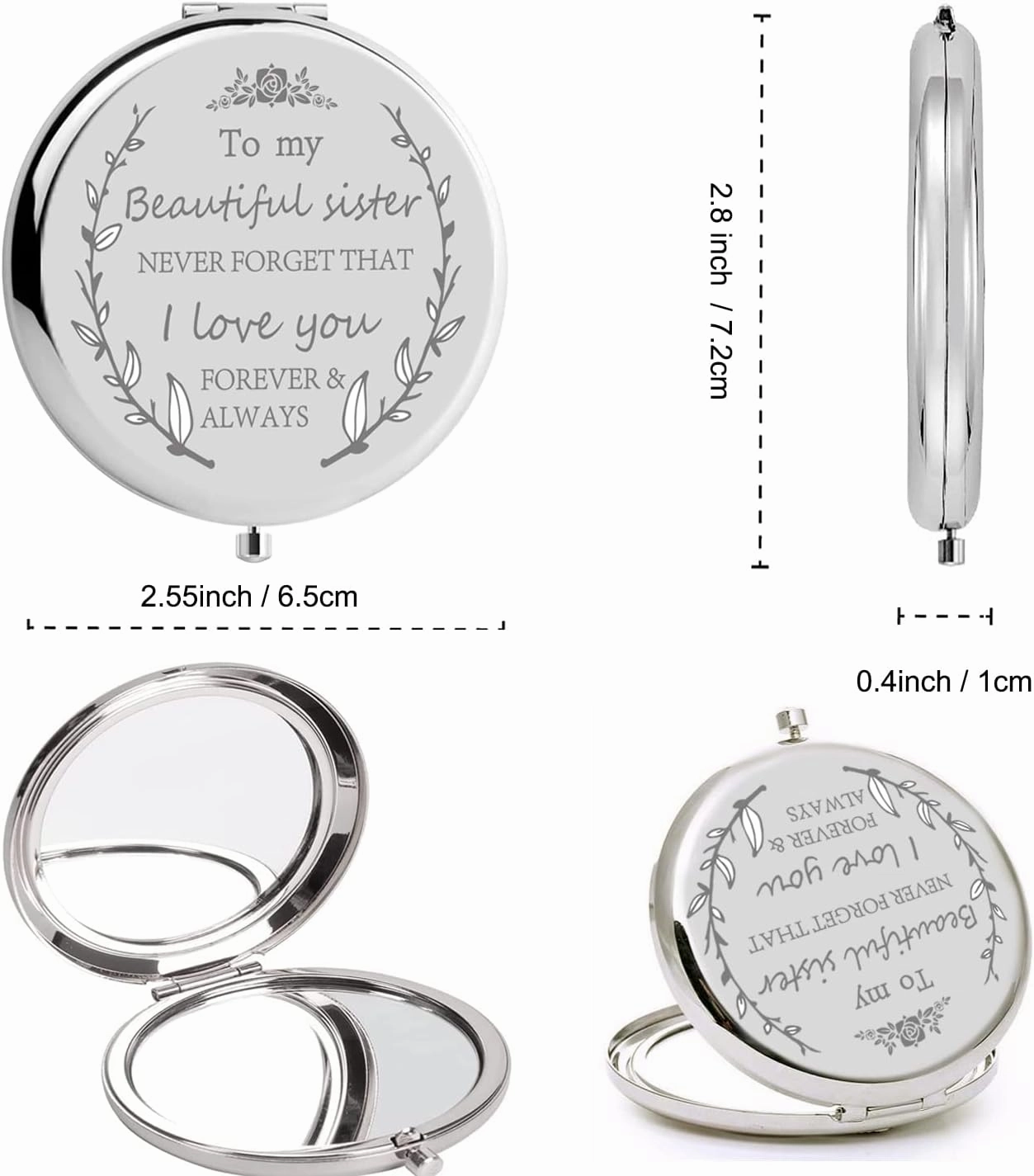 Mini makeup,Sister birthday present,Bridesmaid compact mirror for girlfriend,Bridesmaid Gift for Wedding,Sister Mirror,Personalized Compact Mirror,Makeup Gift,Friendship Gift,Sister Gift,Silver mirror
