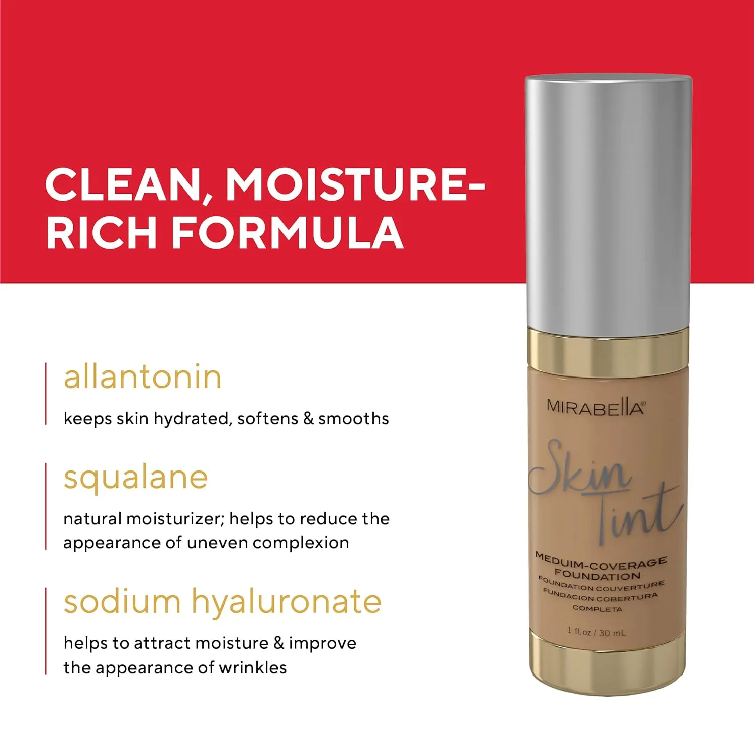 Mirabella Skin Tint Creme Liquid Foundation Makeup, Oil-Free Mineral Foundation for Medium Coverage - w/Hyaluronic Acid, Squalane, & Allantoin for All Skin Types - IC Cool