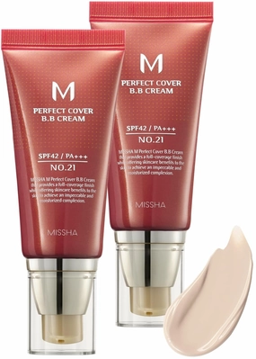 MISSHA M Perfect Cover BB Cream Dual Pack No.21 Light Beige - Light with Cool Undertone SPF 42 PA     1.69 Fl Oz - Tinted Moisturizer with SPF