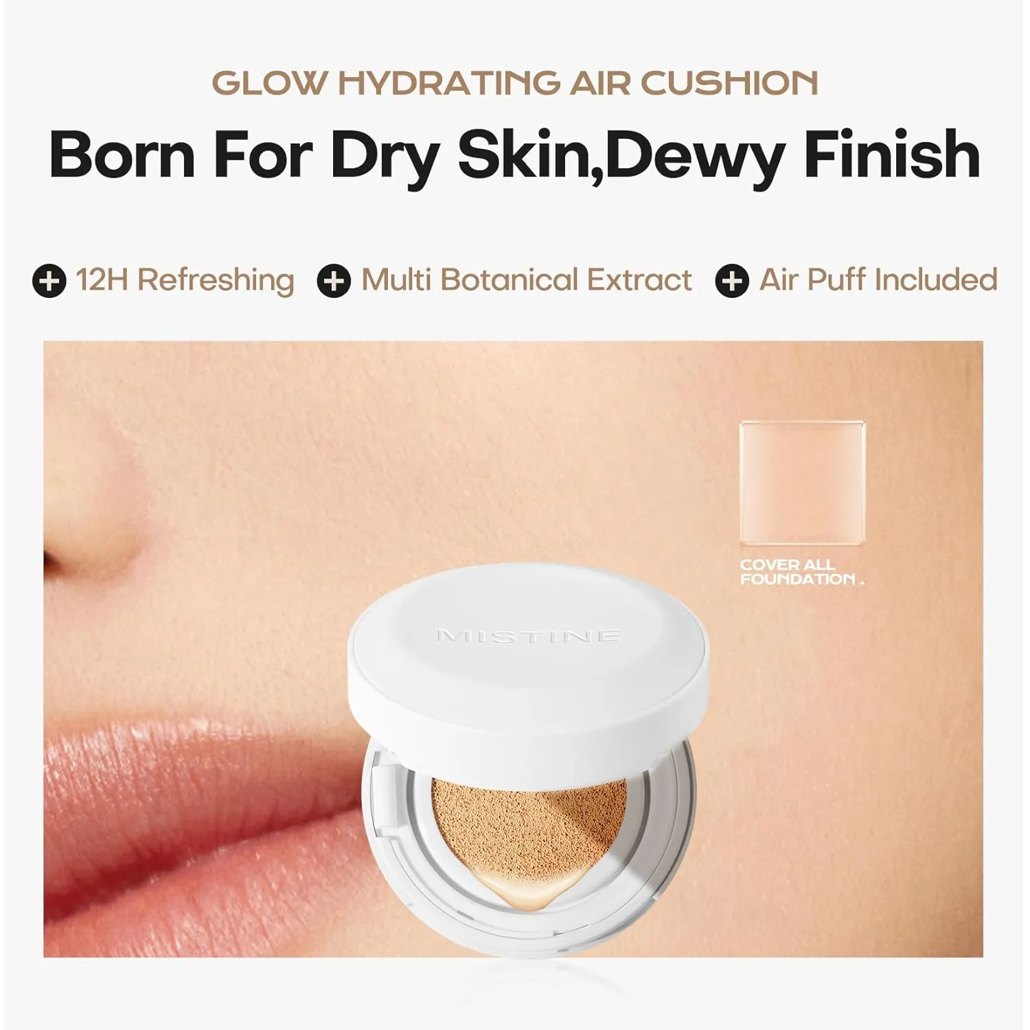 MISTINE Magic Air Cushion Foundation Glow Hydrating Finish Medium Coverage Foundation Makeup for Dry Skin,24H Hydrating Long-Lasting Waterproof Smudge Proof-Natural Beige