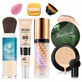 Mushroom Head Air Cushion Set,Air Cushion CC Cream with BB Cream Color Correcting Facial Serum Setting Powder Brushes Makeup Sponge and Powder Puff,Full Coverage Foundation Kit (7PCS)