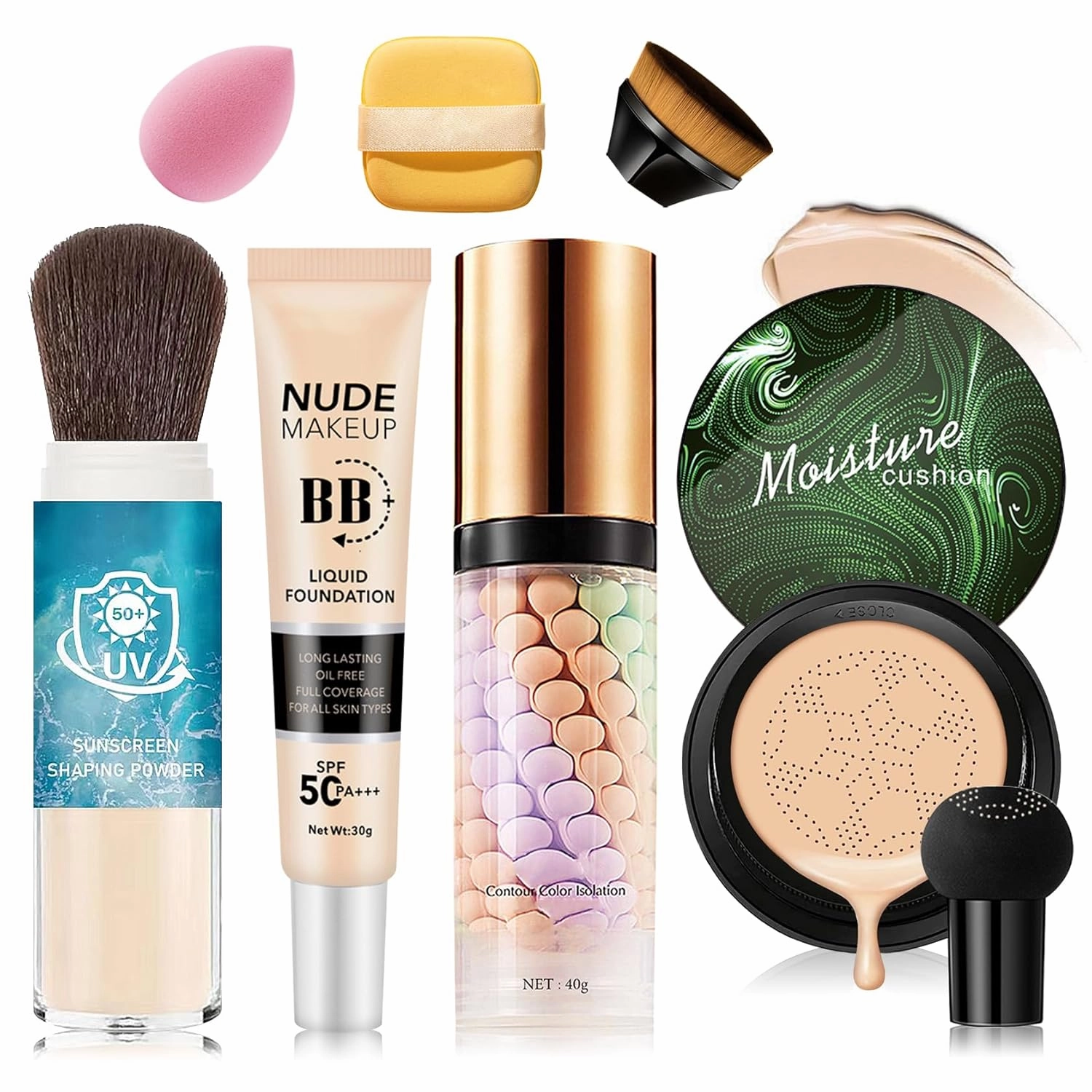 Mushroom Head Air Cushion Set,Air Cushion CC Cream with BB Cream Color Correcting Facial Serum Setting Powder Brushes Makeup Sponge and Powder Puff,Full Coverage Foundation Kit (7PCS)