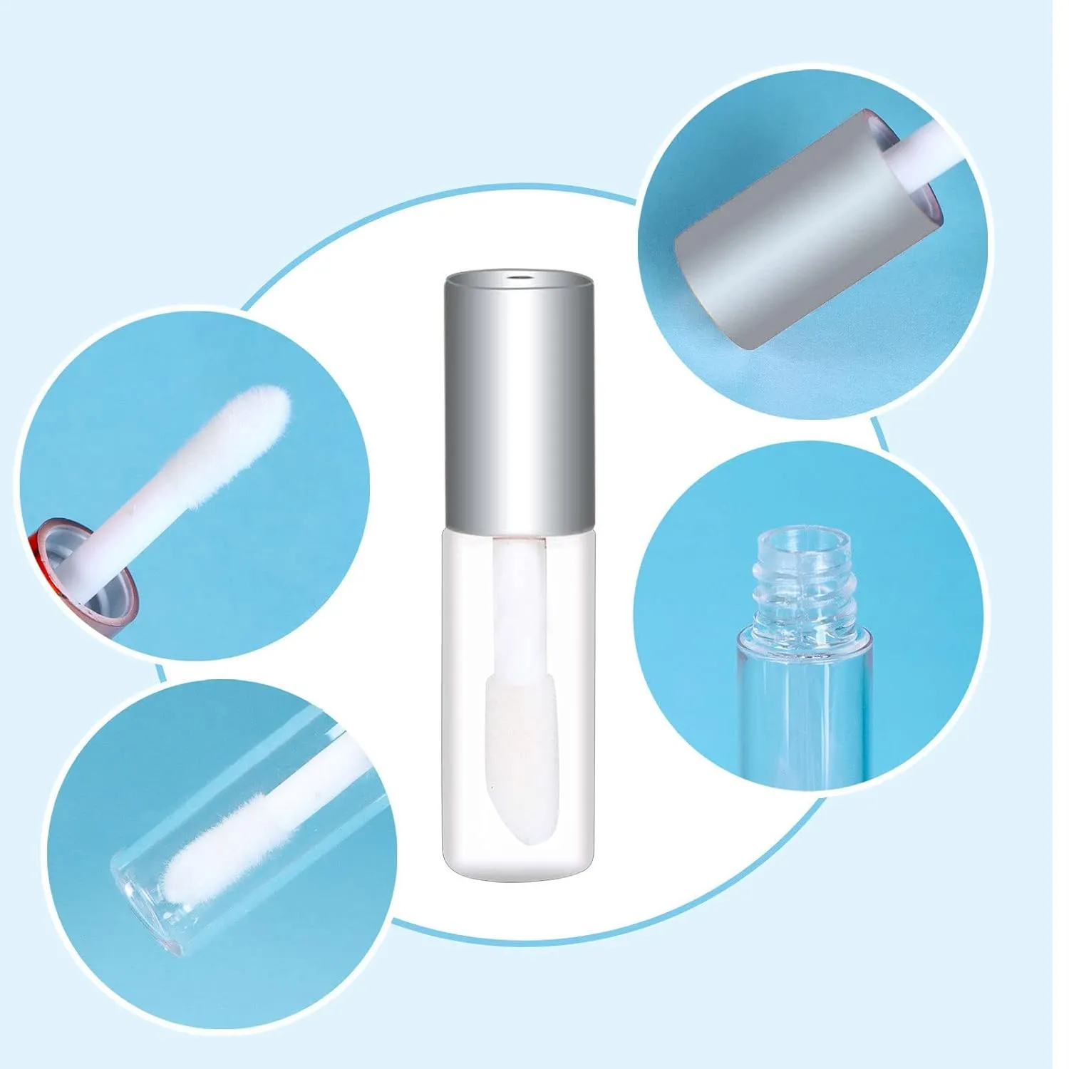 Mydio 50 Pack 1.2ML Clear Mini Lip Gloss Tube Empty Lip Balm Containers With Silver Lid for Lipstick (Silver)
