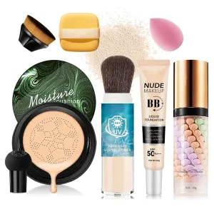 Natural Mushroom Head Air Cushion CC Cream & Loose Setting Face Powder Set,Natural BBCream,3-Color Color Correcting Facial Serum with Makeup Sponge Powder Puff & Makeup Brush