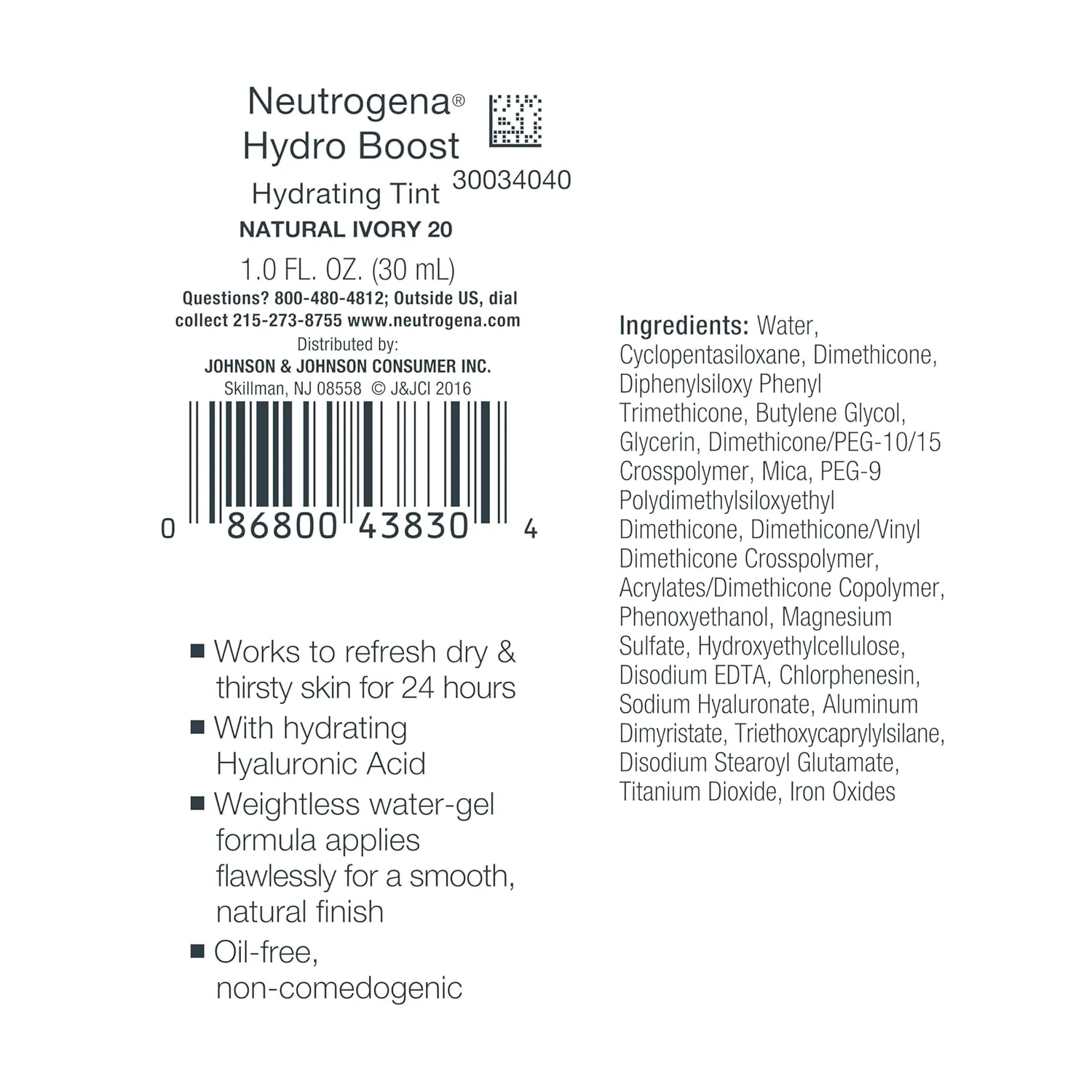 Neutrogena Hydro Boost Hydrating Tint with Hyaluronic Acid, Lightweight Water Gel Formula, Moisturizing, Oil-Free & Non-Comedogenic Liquid Foundation Makeup, 20 Natural Ivory, 1.0 fl. oz