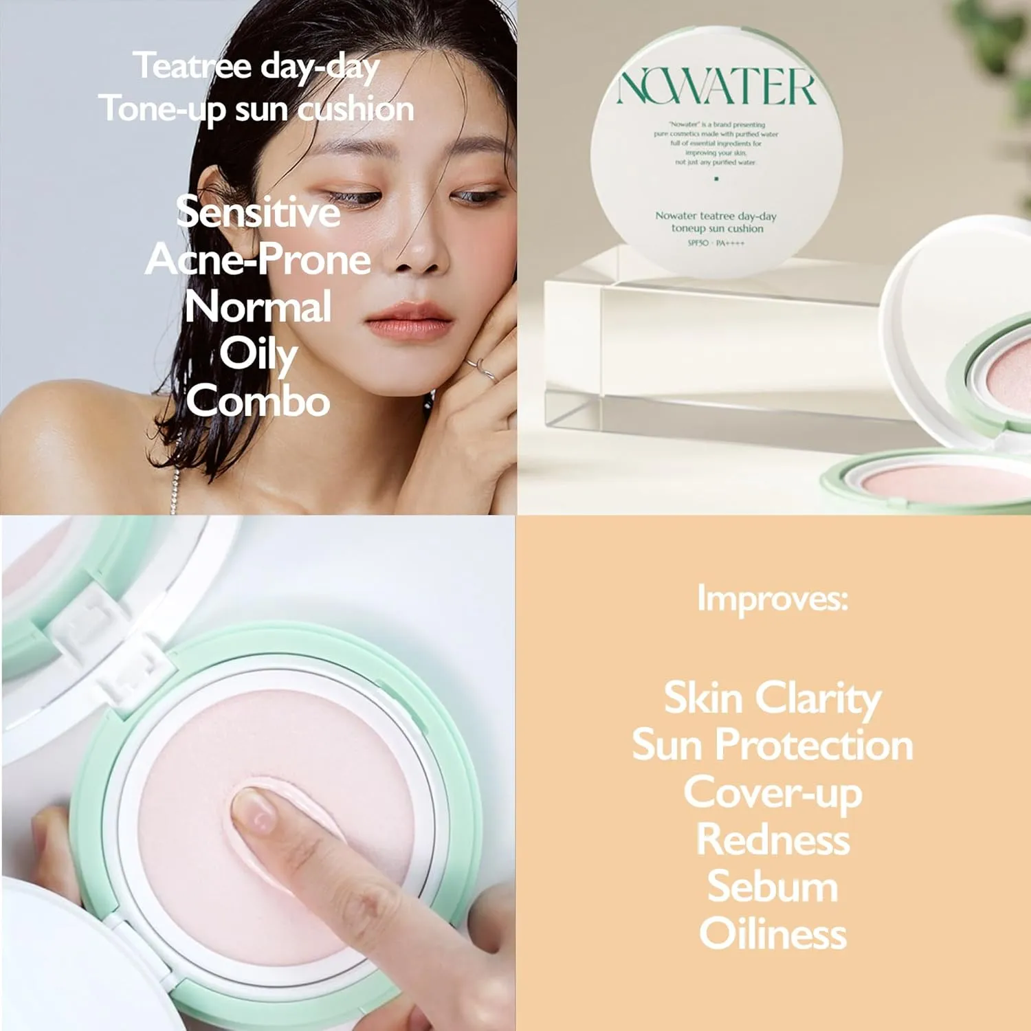 NOWATER Tea Tree Tone-up Sun Cushion (SPF50 , PA    ) | No.23 | Cushion Foundation with UV Protection | Hyaluronic Acid, Niacinamide | Korean Make up for face (0.88 fl.oz) (0.88 fl.oz)
