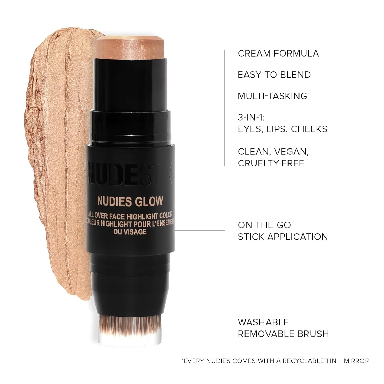 Nudestix Nudies Glow Cream Highlighter Bronze   Glow 3-in-1 All Over Face Colour for Eyes, Cheeks, Lips w/Blending Brush