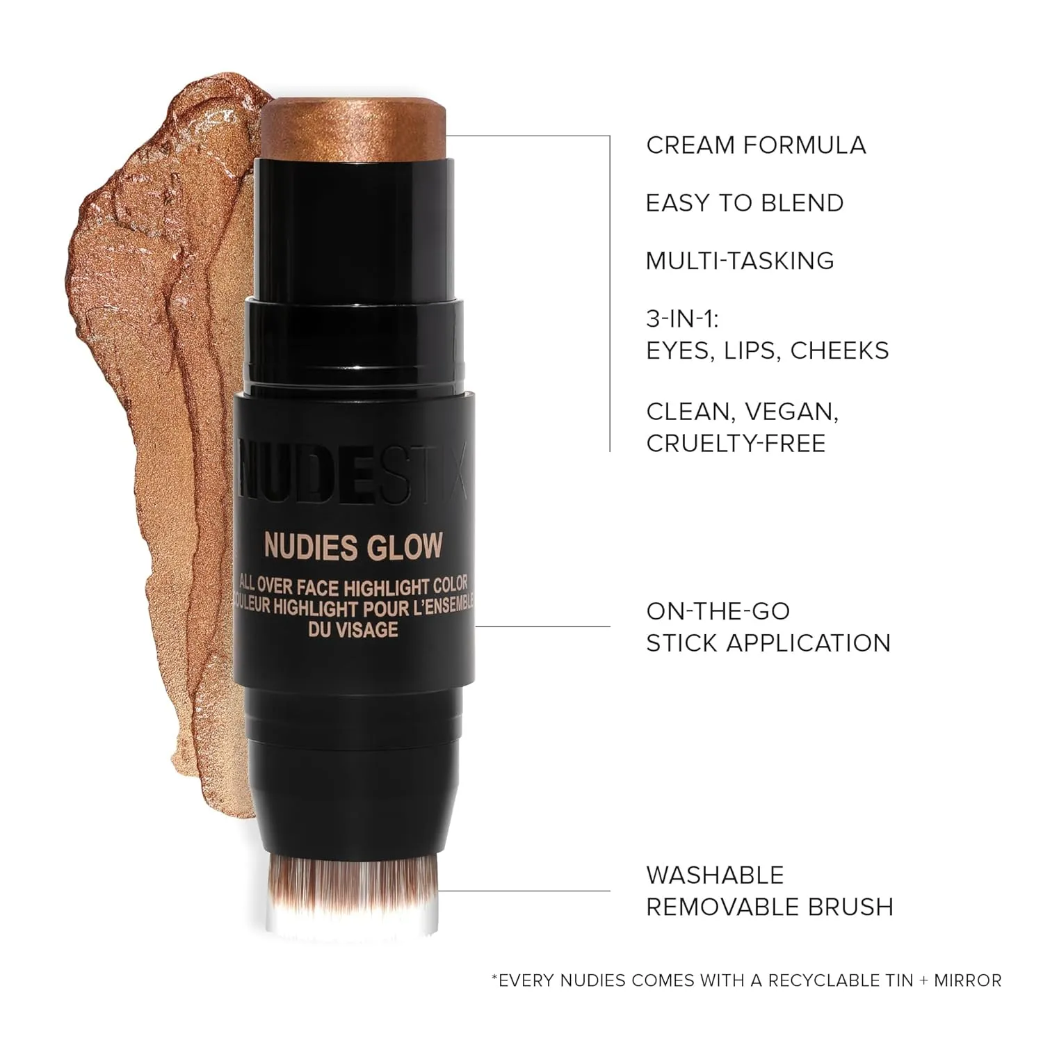 Nudestix Nudies Glow Cream Highlighter Bronze   Glow 3-in-1 All Over Face Colour for Eyes, Cheeks, Lips w/Blending Brush