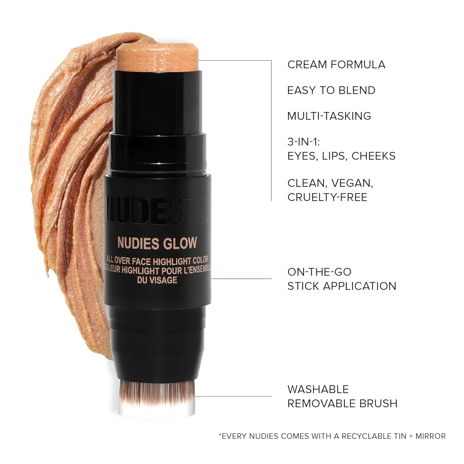 Nudestix Nudies Glow Cream Highlighter Bronze   Glow 3-in-1 All Over Face Colour for Eyes, Cheeks, Lips w/Blending Brush