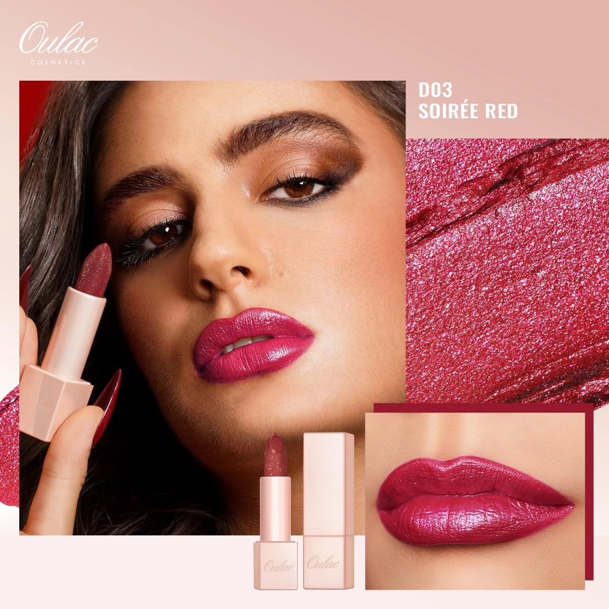 Oulac Moisture Red Lipstick Set 3PCS - Infinity High Shine Finish, Hydrating Vegan Lipstick Infused with Damask Rose Oil for All-Day Comfort, Gluten-Free, PG02 PG14 D03
