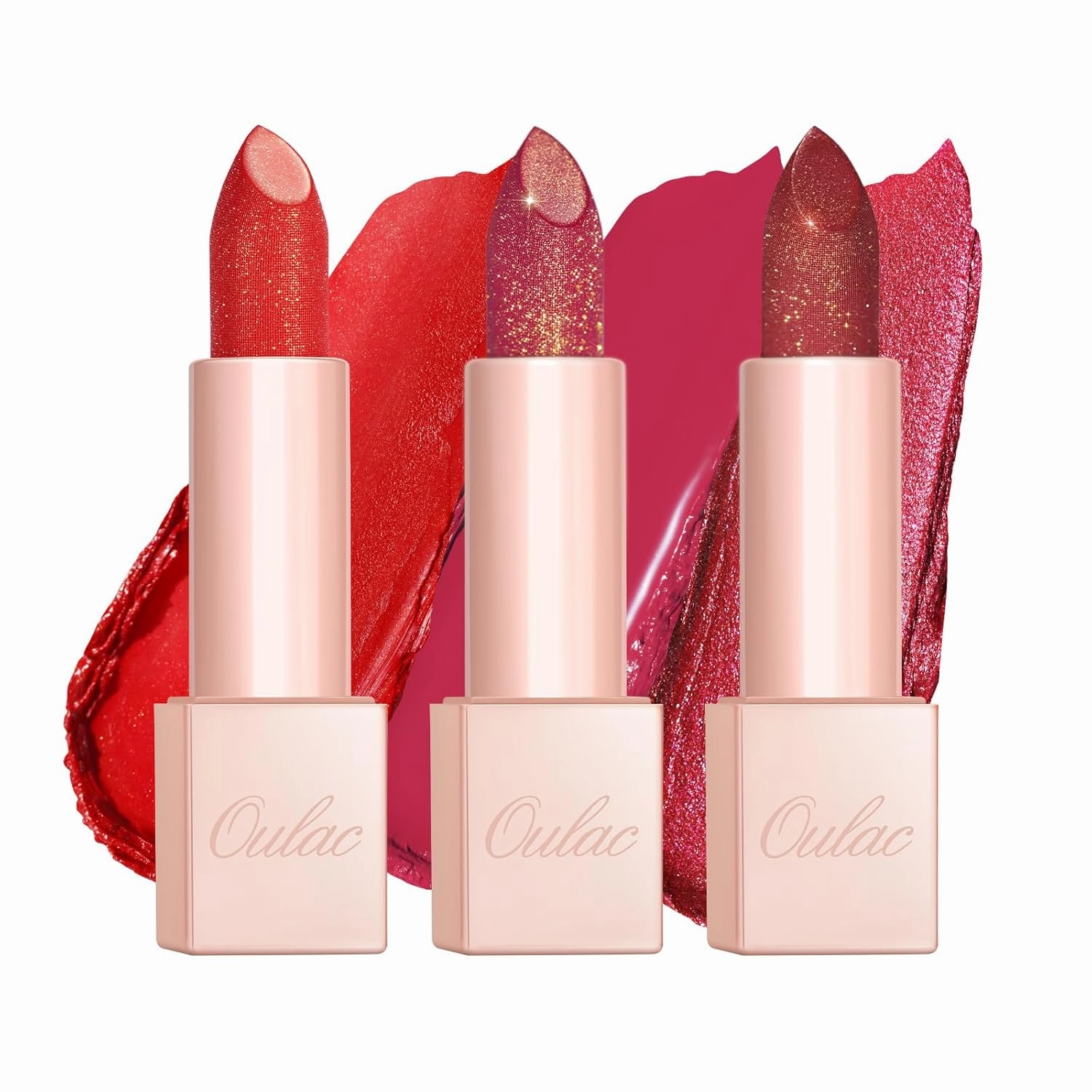 Oulac Moisture Red Lipstick Set 3PCS - Infinity High Shine Finish, Hydrating Vegan Lipstick Infused with Damask Rose Oil for All-Day Comfort, Gluten-Free, PG02 PG14 D03