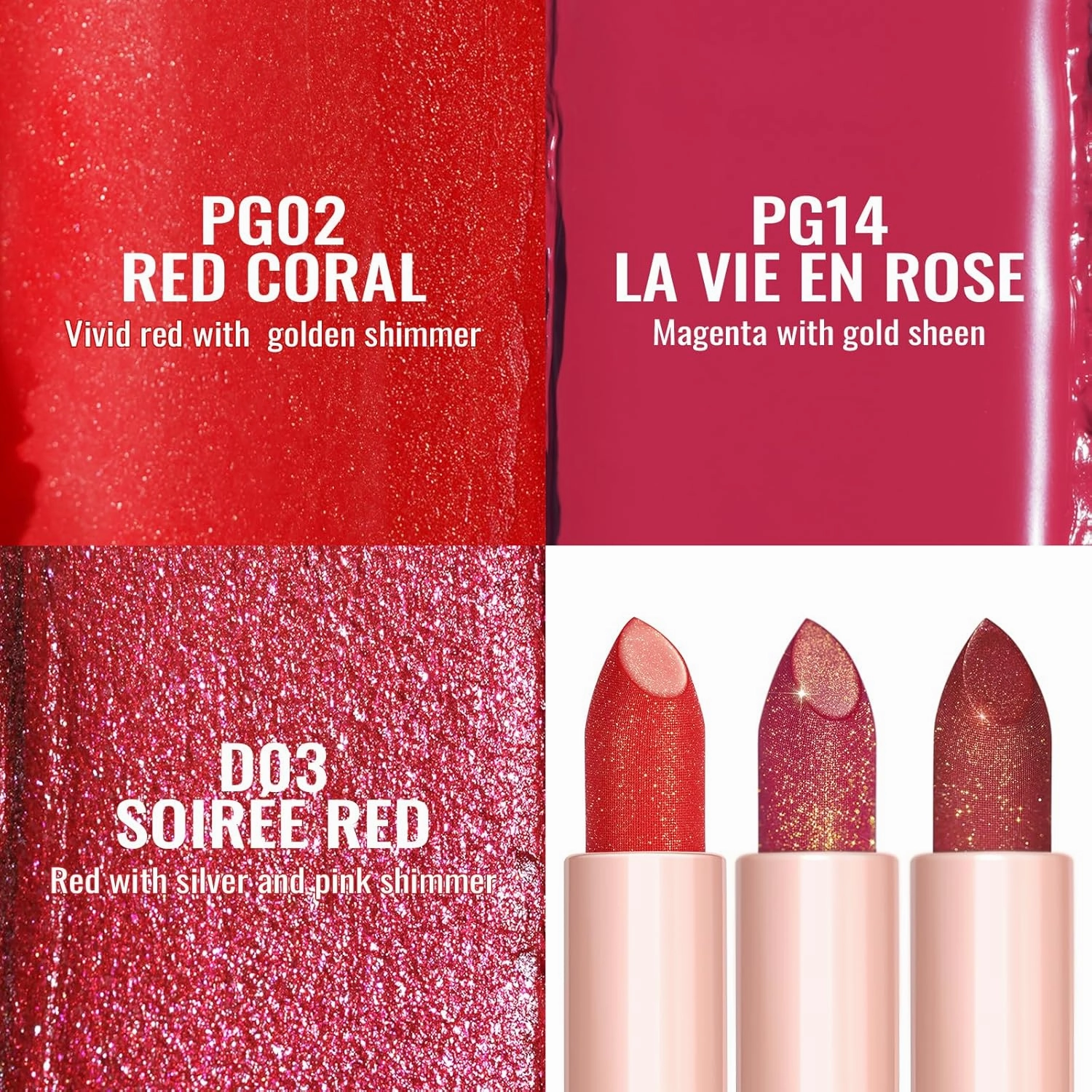 Oulac Moisture Red Lipstick Set 3PCS - Infinity High Shine Finish, Hydrating Vegan Lipstick Infused with Damask Rose Oil for All-Day Comfort, Gluten-Free, PG02 PG14 D03