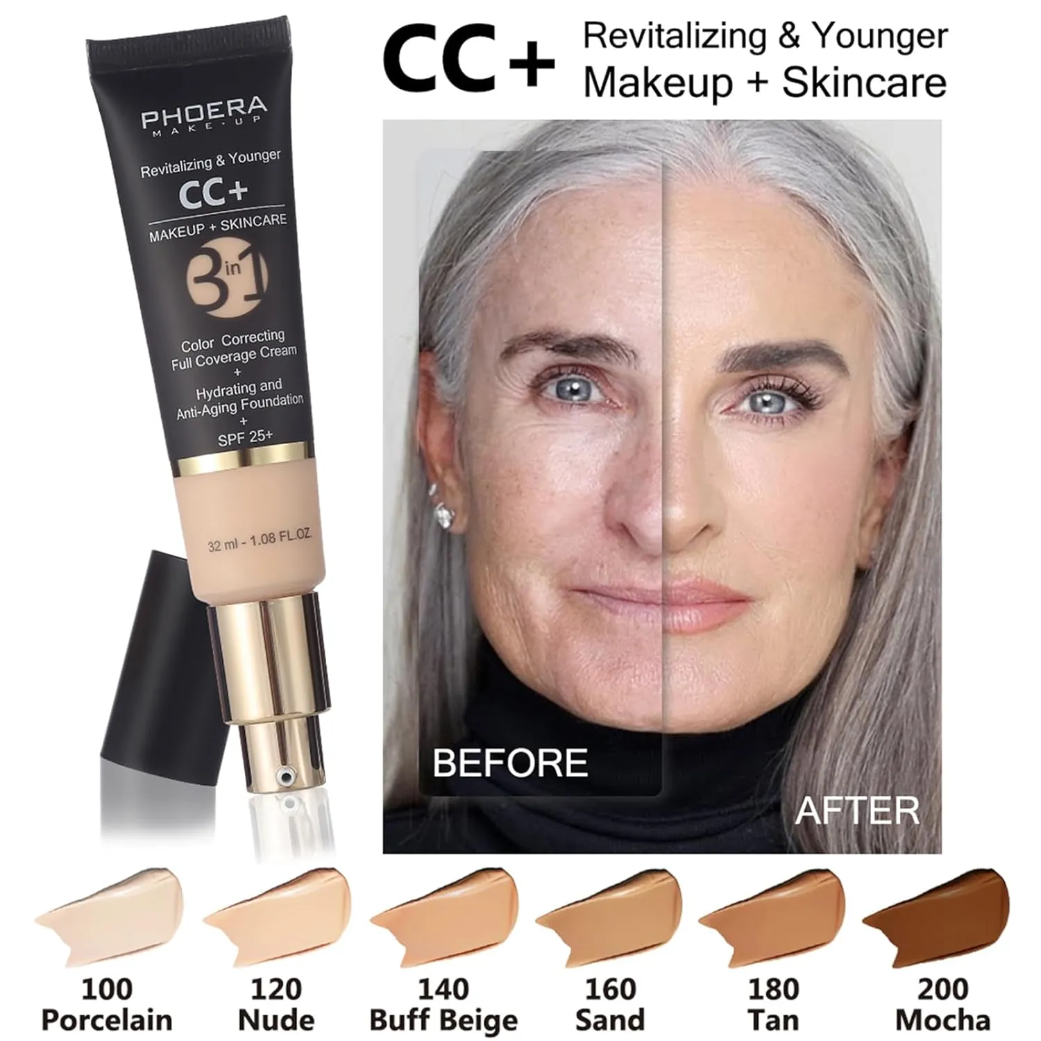 PHOERA Foundation Full Coverage,PHOERA CC  Cream,2024 New PHOERA Foundation Makeup for Mature Skin, Wrinkles Matte Natural Finish,Primer (105 160CC N04/ Sand  Sand Sand)
