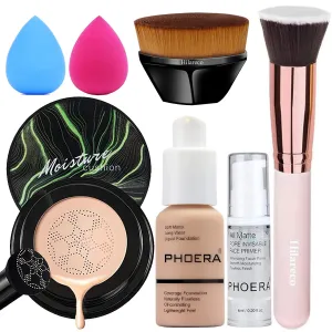 PHOERA Foundation,Mushroom Head Air Cushion CC Cream Natural Foundation,PHOERA Makeup Foundation Full Coverage,Phoera Face Primer, Foundation Brush (105 Sand   05 Sand CC)