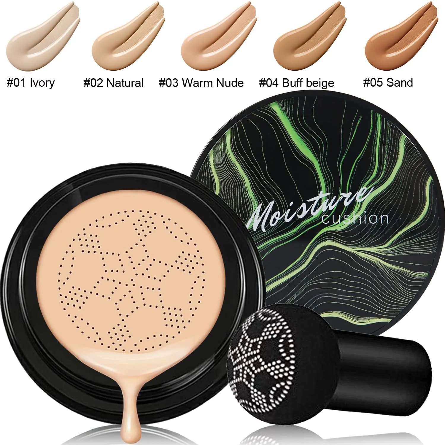 PHOERA Foundation,Mushroom Head Air Cushion CC Cream Natural Foundation,PHOERA Makeup Foundation Full Coverage,Phoera Face Primer, Foundation Brush (105 Sand   05 Sand CC)
