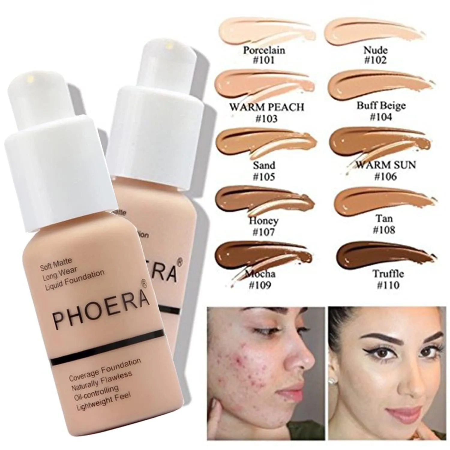 PHOERA Foundation,PHOERA CC  Cream Color Correcting Anti Aging Hydrating Serum &SPF 25 ,PHOERA Primer, PHOERA Makeup Foundation,Kabuki Makeup Brushes Foundation Brush (107 Honey 200 Mocha CC Cream)