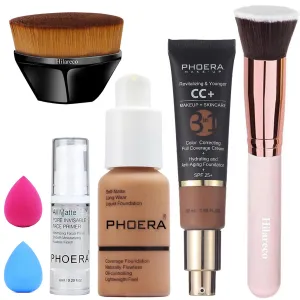 PHOERA Foundation,PHOERA CC  Cream Color Correcting Anti Aging Hydrating Serum &SPF 25 ,PHOERA Primer, PHOERA Makeup Foundation,Kabuki Makeup Brushes Foundation Brush (107 Honey 200 Mocha CC Cream)