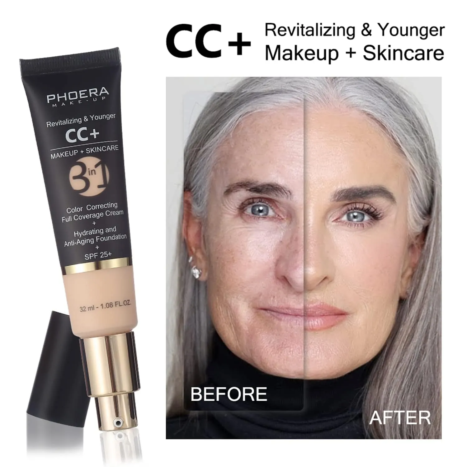 PHOERA Foundation,PHOERA CC  Cream Color Correcting Anti Aging Hydrating Serum &SPF 25 ,PHOERA Primer, PHOERA Makeup Foundation,Kabuki Makeup Brushes Foundation Brush (107 Honey 200 Mocha CC Cream)