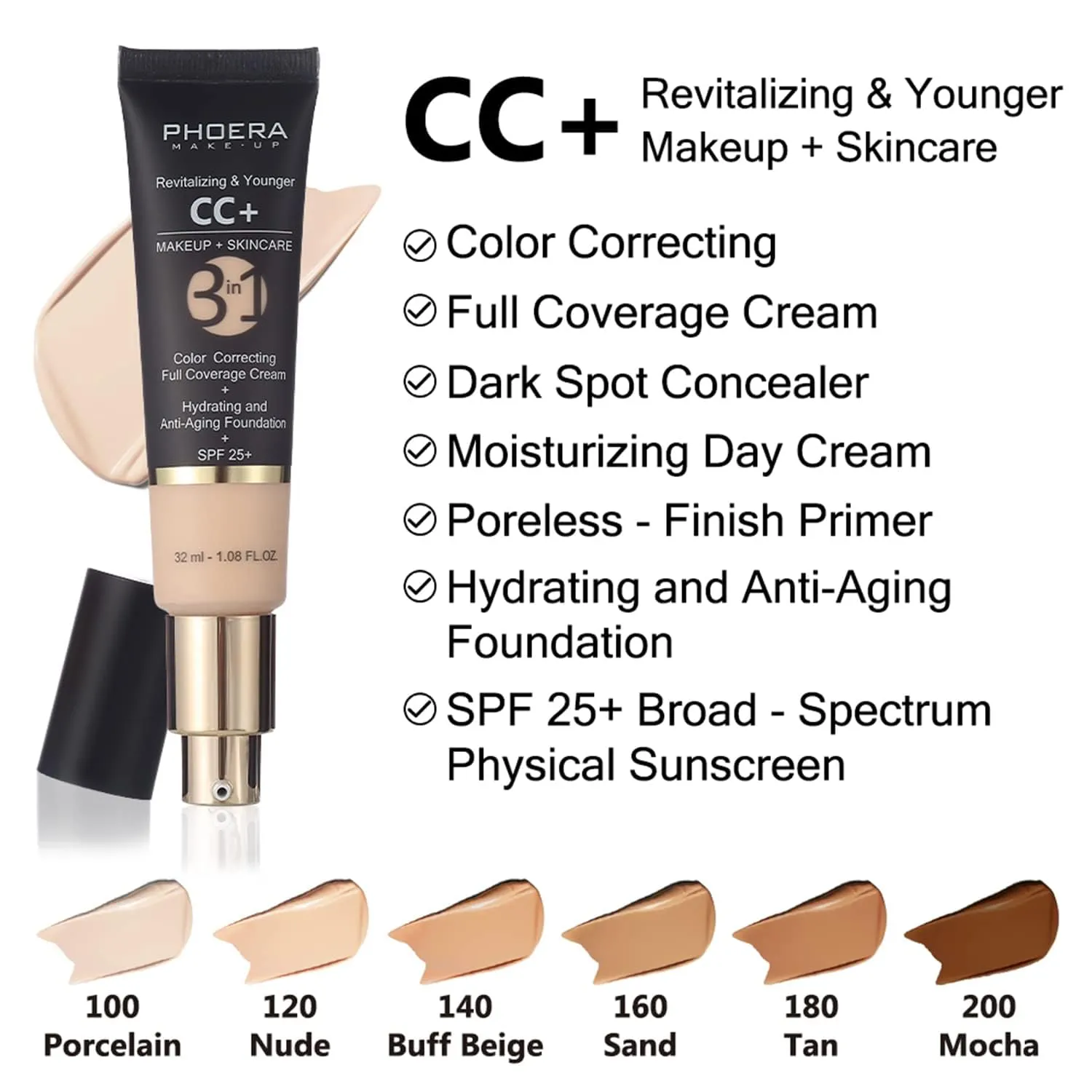 PHOERA Foundation,PHOERA CC  Cream Color Correcting Anti Aging Hydrating Serum &SPF 25 ,PHOERA Primer, PHOERA Makeup Foundation,Kabuki Makeup Brushes Foundation Brush (107 Honey 200 Mocha CC Cream)