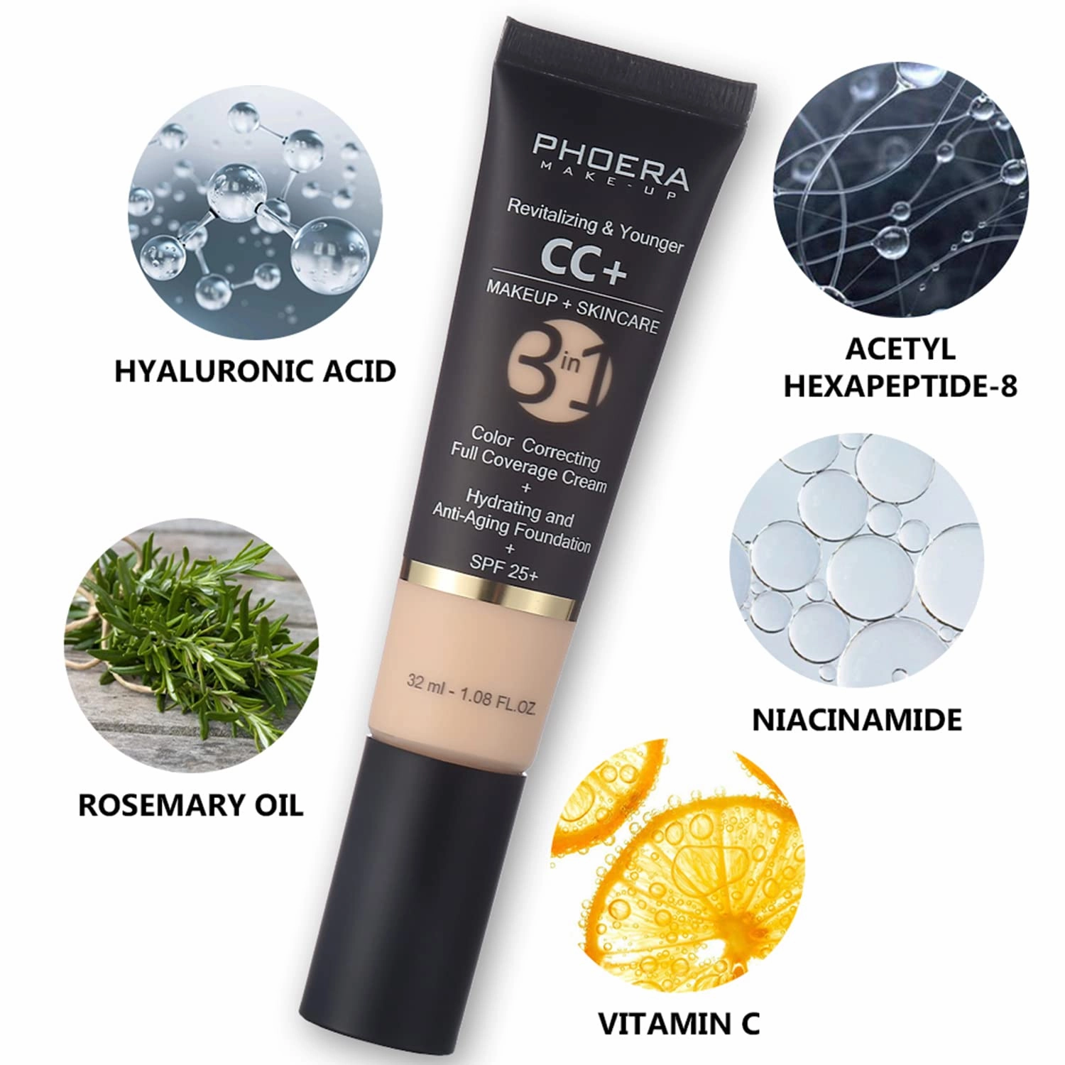 PHOERA CC Cream Foundation With SPF,PHOERA Full Coverage Foundation Color Correcting Cream,Anti Aging Hydrating Serum & SPF 25  Sunscreen Natural Finish1.08 floz (140 Buff Beige 160 Sand)