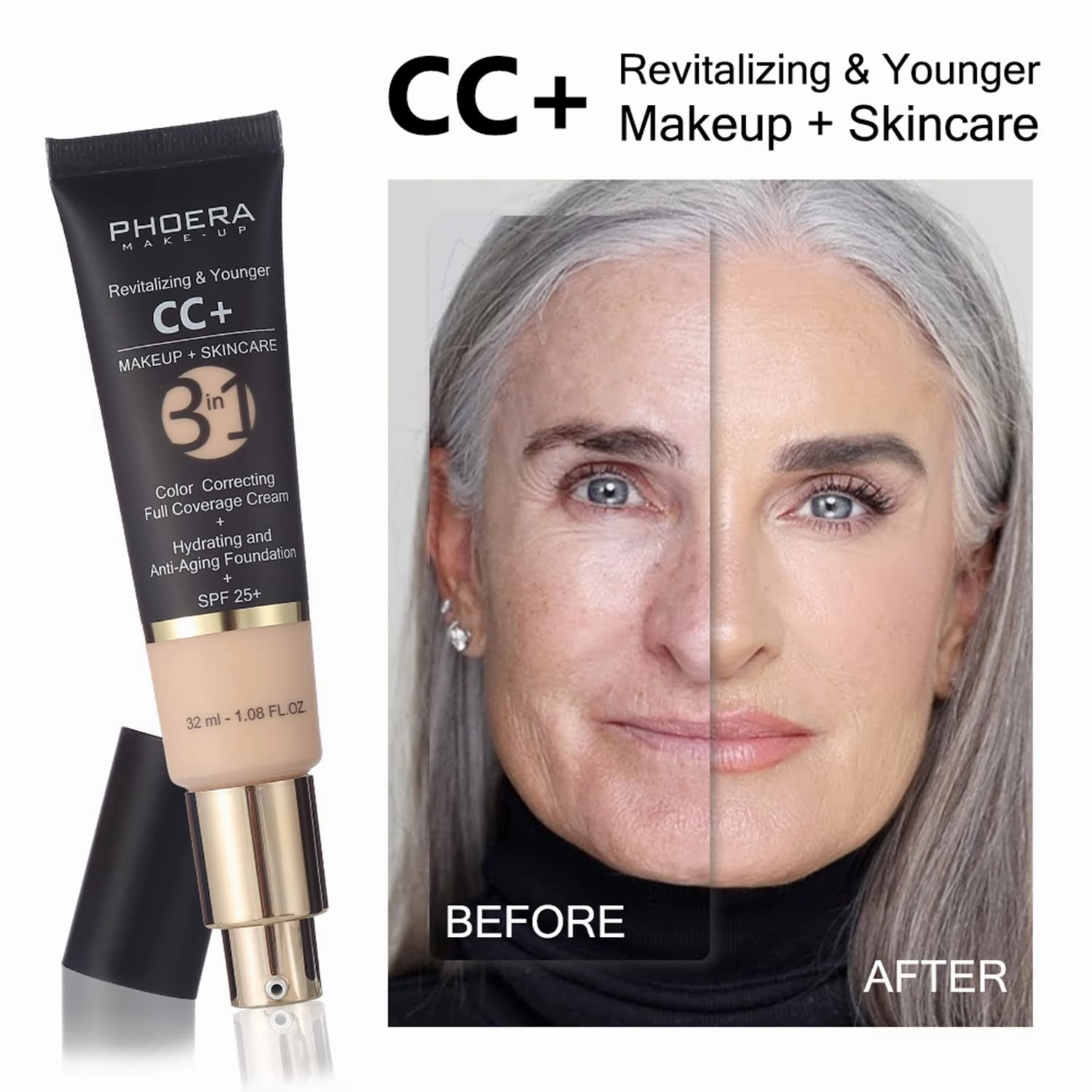 PHOERA CC Cream Foundation With SPF,PHOERA Full Coverage Foundation Color Correcting Cream,Anti Aging Hydrating Serum & SPF 25  Sunscreen Natural Finish1.08 floz (140 Buff Beige 160 Sand)