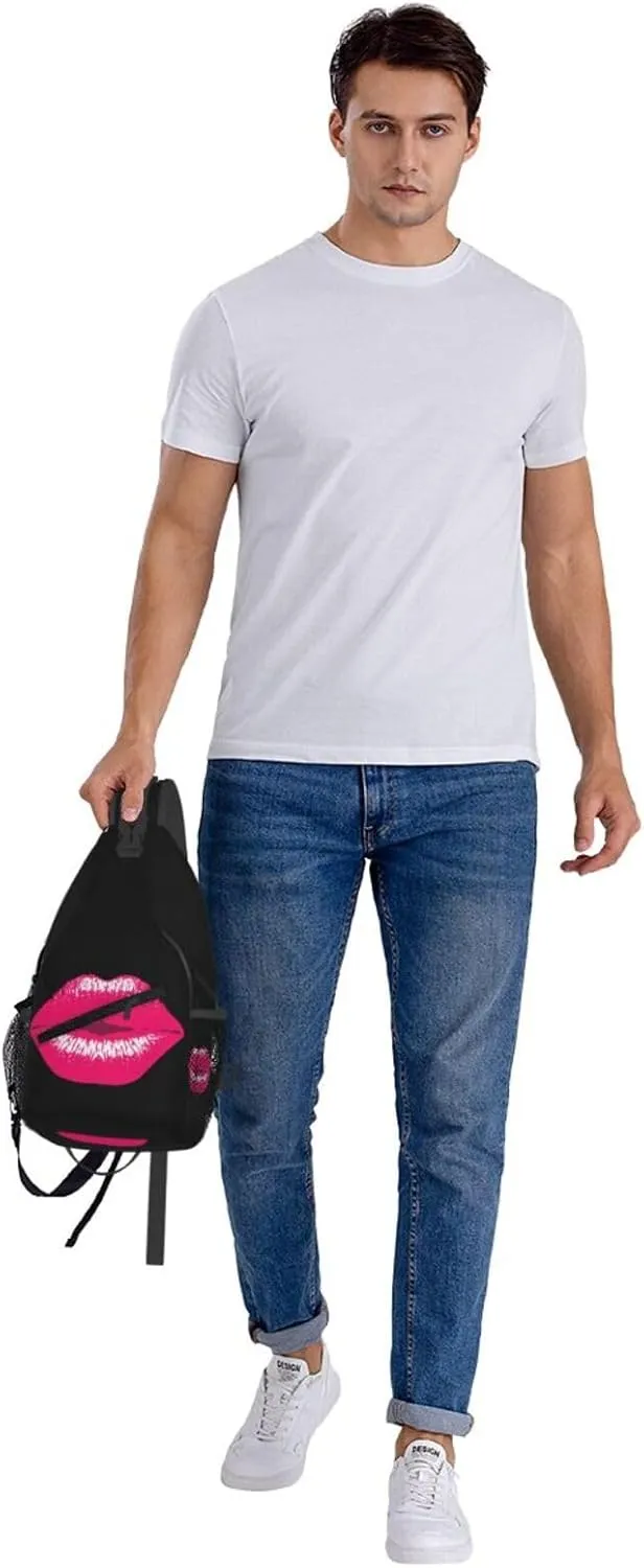 Pink Kiss Kissing Lips Lipstick Lipgloss Crossbody Bag Cross Chest Bag Adjustable Sling Backpack Sports Gym Shoulder Bags Travel Cycling Daypack Diagonally Casual Rucksack