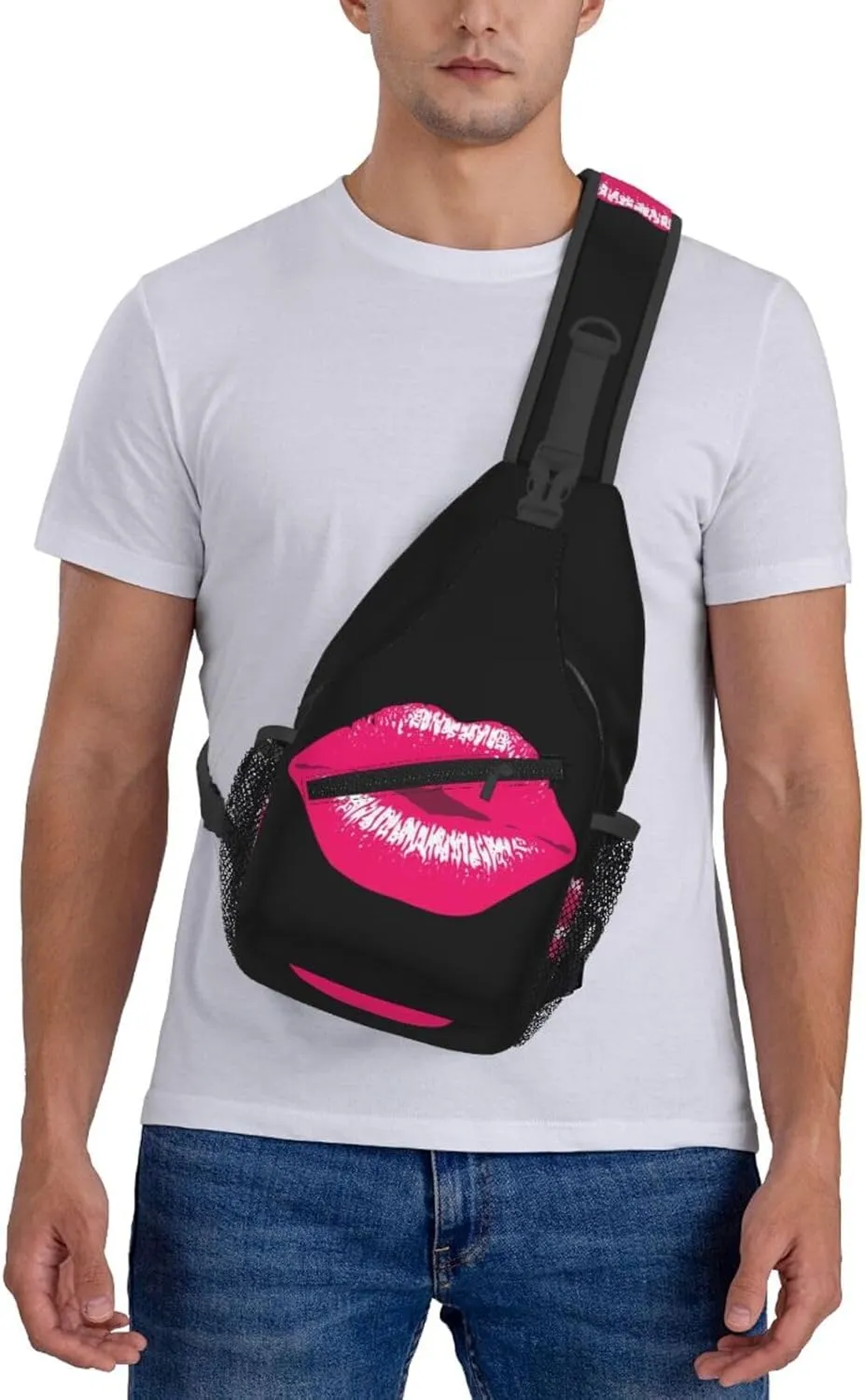 Pink Kiss Kissing Lips Lipstick Lipgloss Crossbody Bag Cross Chest Bag Adjustable Sling Backpack Sports Gym Shoulder Bags Travel Cycling Daypack Diagonally Casual Rucksack