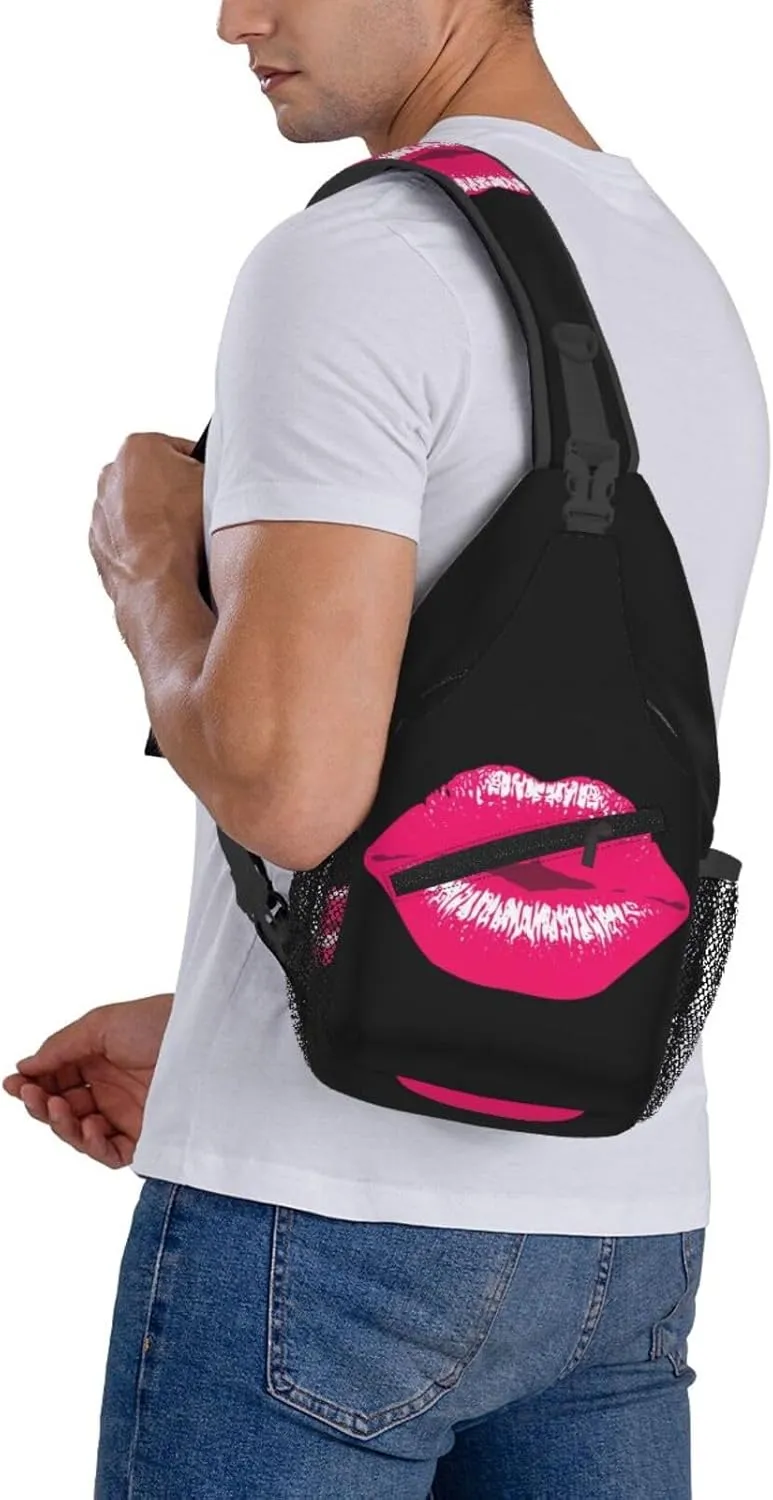 Pink Kiss Kissing Lips Lipstick Lipgloss Crossbody Bag Cross Chest Bag Adjustable Sling Backpack Sports Gym Shoulder Bags Travel Cycling Daypack Diagonally Casual Rucksack
