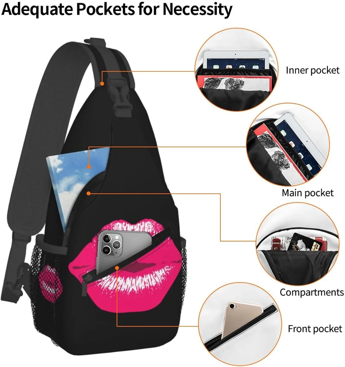 Pink Kiss Kissing Lips Lipstick Lipgloss Crossbody Bag Cross Chest Bag Adjustable Sling Backpack Sports Gym Shoulder Bags Travel Cycling Daypack Diagonally Casual Rucksack