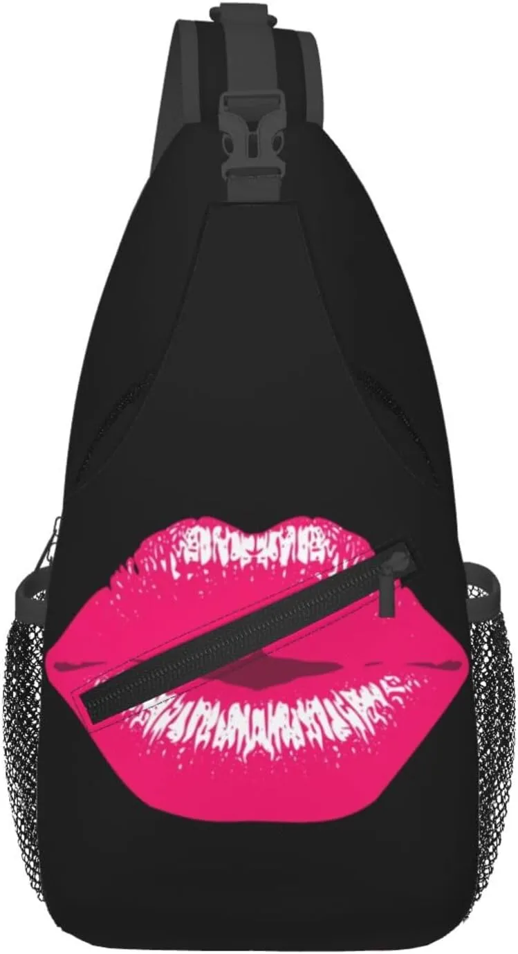 Pink Kiss Kissing Lips Lipstick Lipgloss Crossbody Bag Cross Chest Bag Adjustable Sling Backpack Sports Gym Shoulder Bags Travel Cycling Daypack Diagonally Casual Rucksack