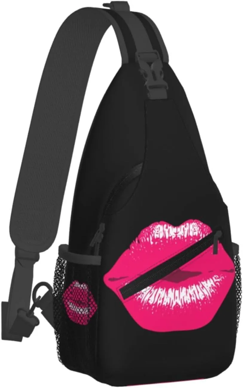 Pink Kiss Kissing Lips Lipstick Lipgloss Crossbody Bag Cross Chest Bag Adjustable Sling Backpack Sports Gym Shoulder Bags Travel Cycling Daypack Diagonally Casual Rucksack