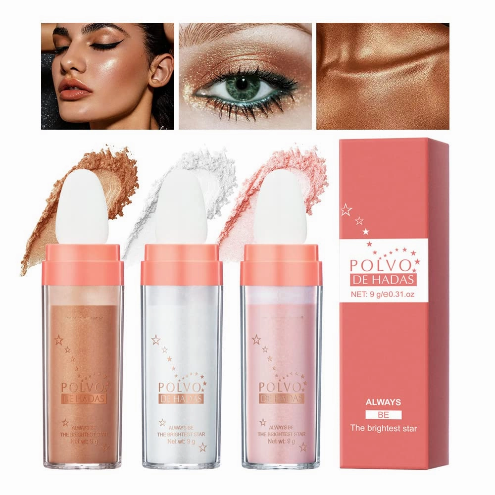 Polvo De Hadas Highlighter Stick Puff Fairy Stick Highlighter Powder Glitter Loose Powder Brush Stick Contouring Powder Fairy Bomb Shimming Body Glitter (01 02 03)
