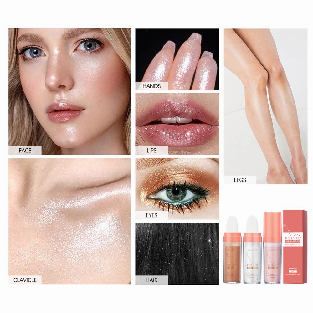 Polvo De Hadas Highlighter Stick Puff Fairy Stick Highlighter Powder Glitter Loose Powder Brush Stick Contouring Powder Fairy Bomb Shimming Body Glitter (01 02 03)