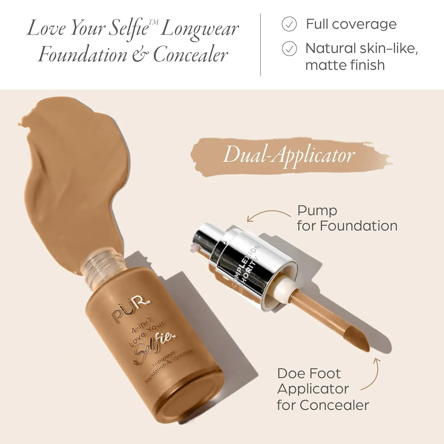 PUR Beauty 4-in-1 Love Your Selfie Foundation & Concealer - Longwear Full Coverage Liquid Makeup Foundation with Hydrating Blend for Refined-Looking, Natural Beauty Glow, Skin Texture & Tone