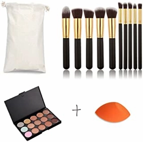 Pure Vie Pro 10 Pcs Make Up Brushes   1 Sponge Puff   15 Colors Cream Concealer Camouflage Makeup Palette Contouring Kit for Salon and Daily Use