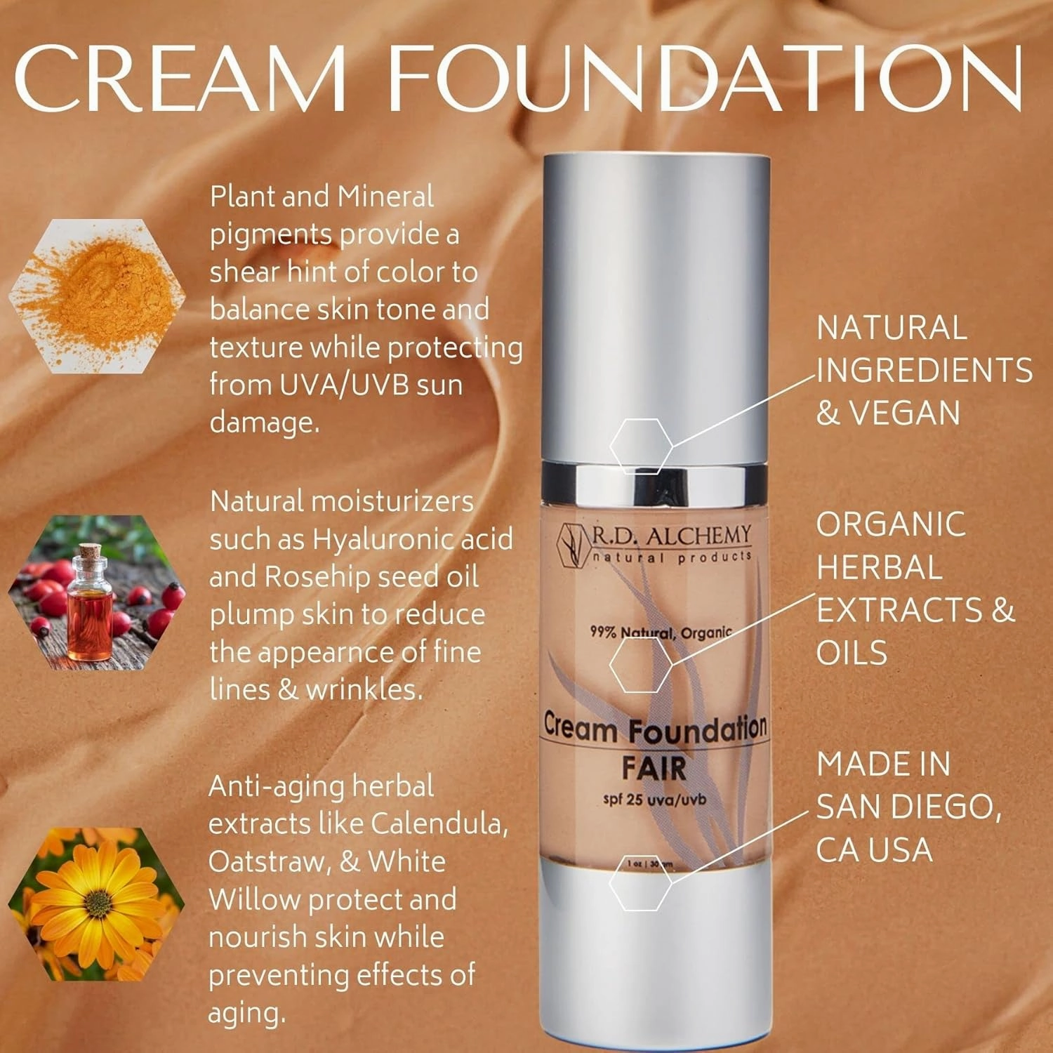 RD Alchemy - 99% Natural & Organic FAIR Cream Foundation - Best Lightweight Foundation for Coverage of Blemishes, Sun Spots, Age Spots, or Under Eye Dark Circles. Anti Aging   SPF 25