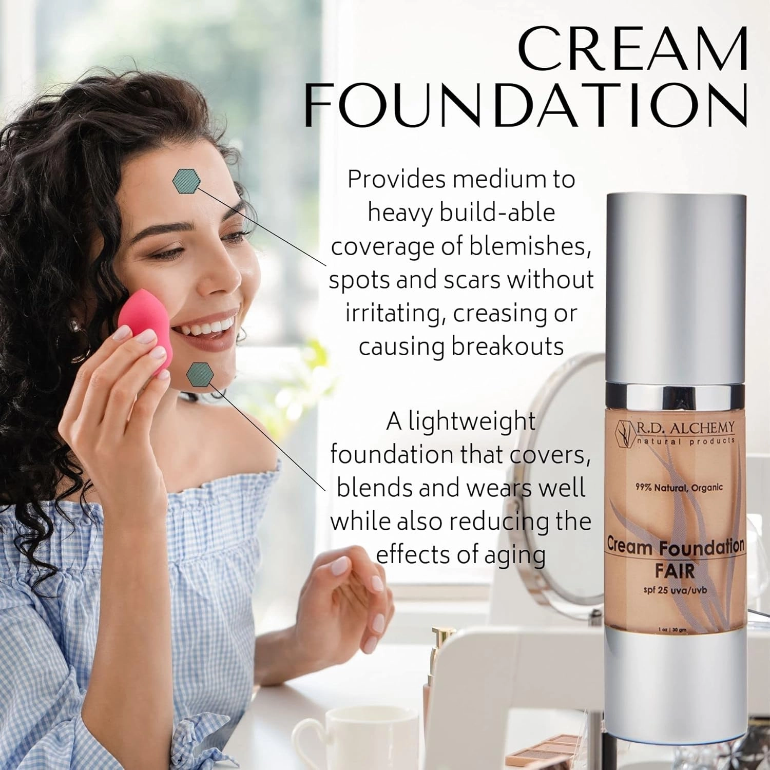 RD Alchemy - 99% Natural & Organic FAIR Cream Foundation - Best Lightweight Foundation for Coverage of Blemishes, Sun Spots, Age Spots, or Under Eye Dark Circles. Anti Aging   SPF 25