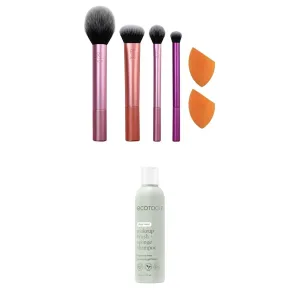 Real Techniques Everyday Essentials   Makeup Sponge 6PC Set, 4 Makeup Brushes & 2 Makeup Blender Sponges  EcoTools Makeup Brush and Sponge Shampoo Fragrance-Free Brush Cleanser, 6 fl.oz.