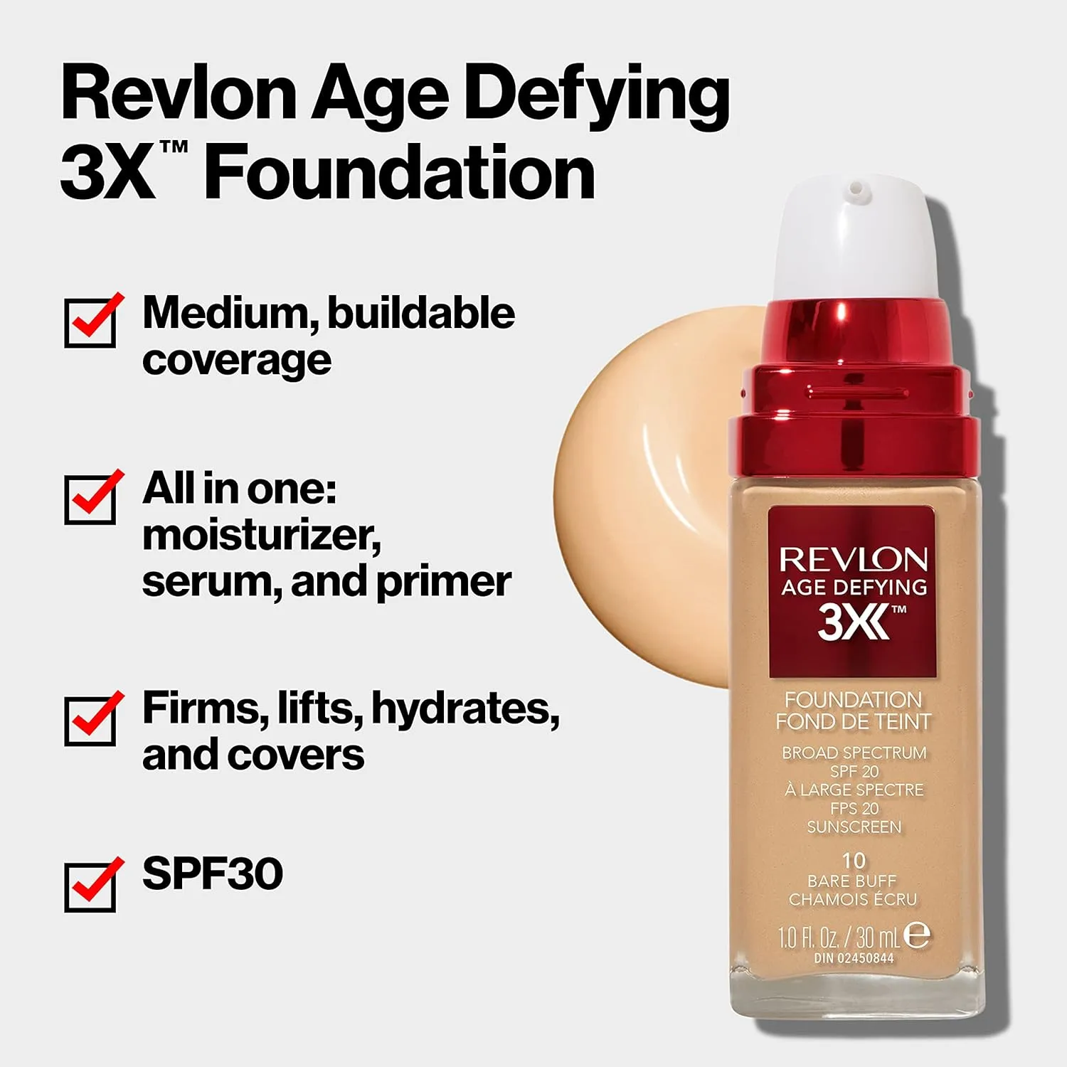 Revlon Liquid Foundation, Age Defying 3XFace Makeup, Anti-Aging and Firming Formula, SPF 20, Longwear Medium Buildable Coverage with Natural Finish, 010 Bare Buff, 1 Fl Oz