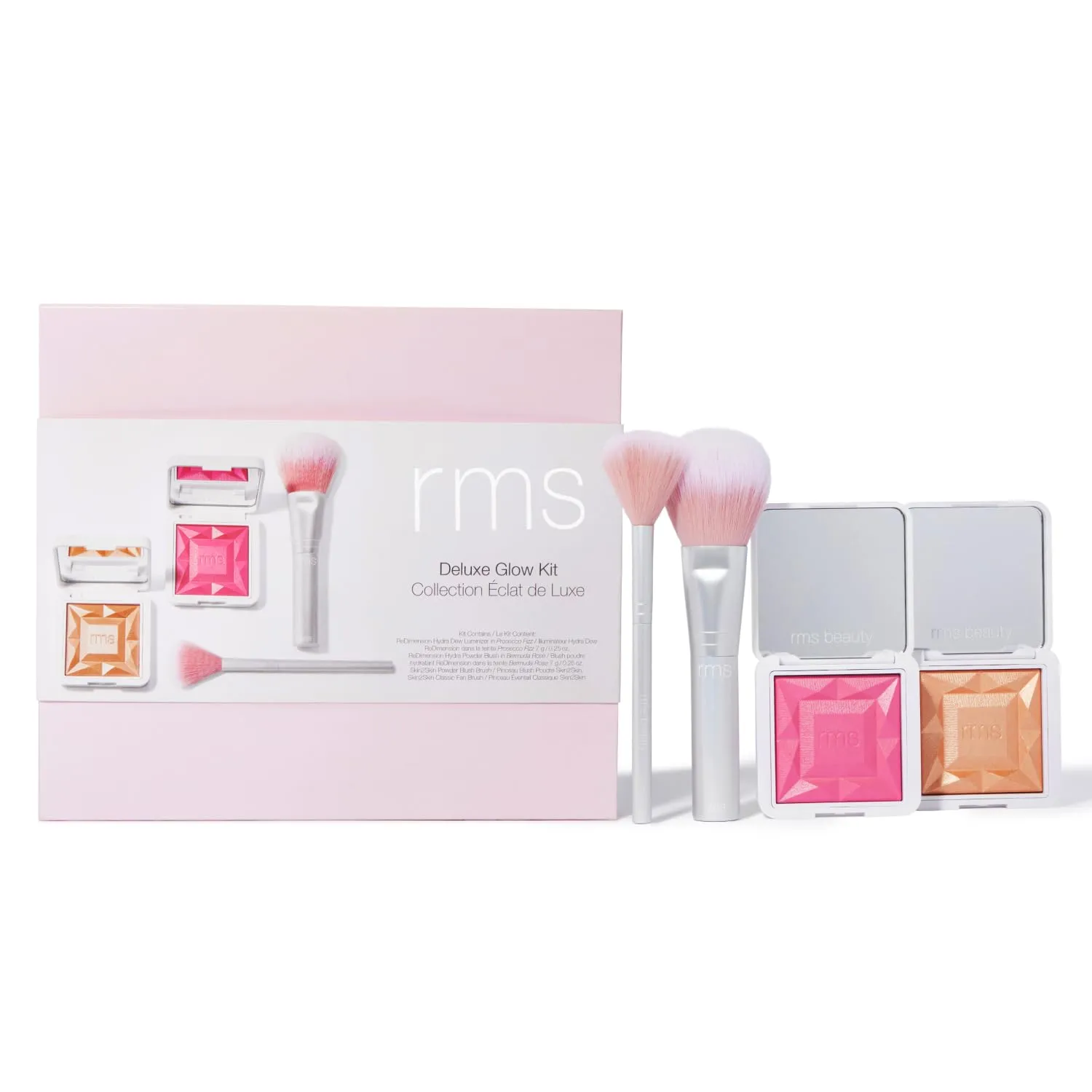 RMS Beauty Deluxe Glow Kit - Makeup Gift Set with Highlighter, Powder Blush, Blush Brush, & Fan Brush, Holiday Gift Set, Beauty Gifts for Women