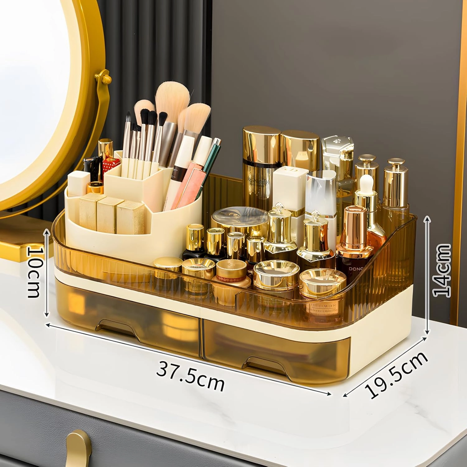 Rotating Makeup Organizer Countertop, Dual Drawer Clear Acrylic Cosmetic Storage (brown)
