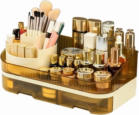 Rotating Makeup Organizer Countertop, Dual Drawer Clear Acrylic Cosmetic Storage (brown)