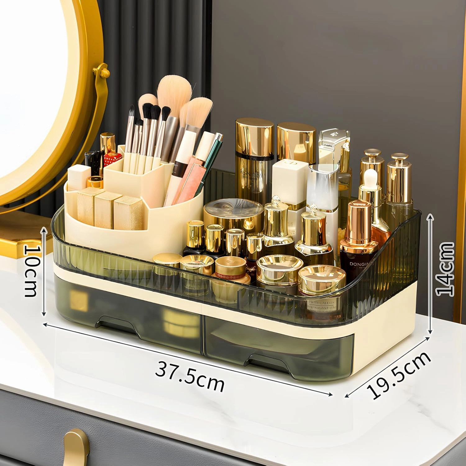 Rotating Makeup Organizer Countertop, Dual Drawer Clear Acrylic Cosmetic Storage (green)