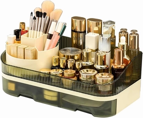 Rotating Makeup Organizer Countertop, Dual Drawer Clear Acrylic Cosmetic Storage (green)