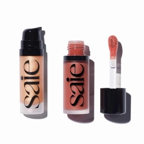 Saie Mini Glowy Super Gel Lightweight llluminator & Makeup Primer - Sunglow (0.5 oz)   Dew Blush - Lightweight Liquid Blush with a Blendable   Buildable Cream Finish - Cutie (.40 oz)
