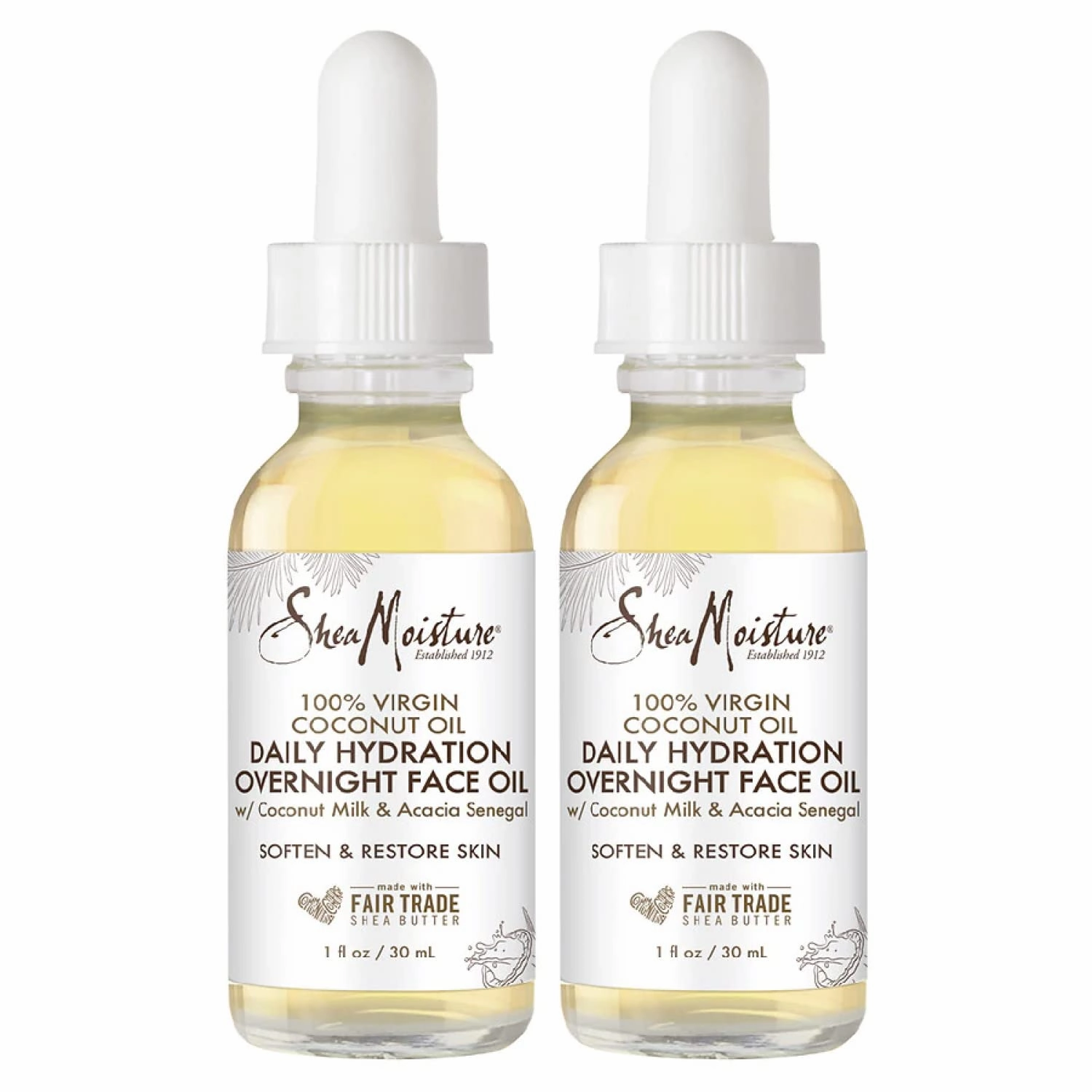 SheaMoisture Coconut Oil for Face - Daily Hydration Overnight Face Oil with Coconut Milk & Acacia Senegal, Argan Oil for Skin, Organic Shea Butter, Hydrating Face Oil, Vitamin E, 1 Oz (Pack of 2)