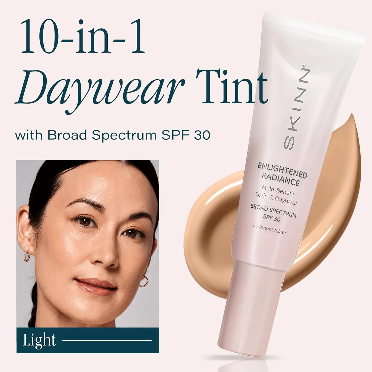 SKINN Enlightened Radiance 10-in-1 Tinted Sunscreen Broad Spectrum with SPF 30, (Light) - Hydrating & Brightening Tinted Moisturizer for Face, Wrinkles & Fine Line - Lightweight Coverage Skin Tint