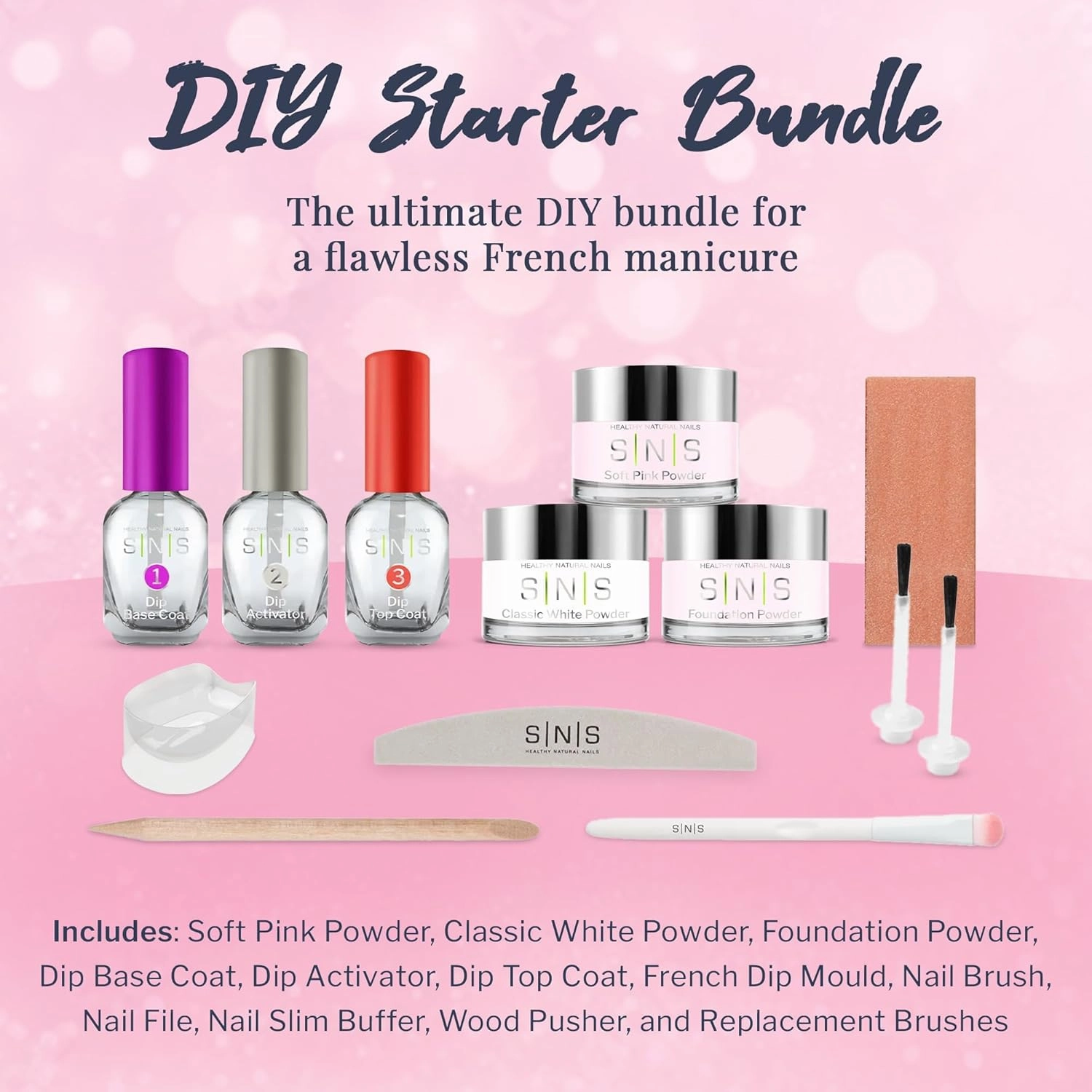SNS Nail Dip Powder & Base Coat Nail Polish, Dip Powder Starter Kit (Hot Pink & Red) - Includes Foundation Powder, Dip Activator & Top Coat, Replacement Brush, Wood Pusher, Nail File & French Dip Mold