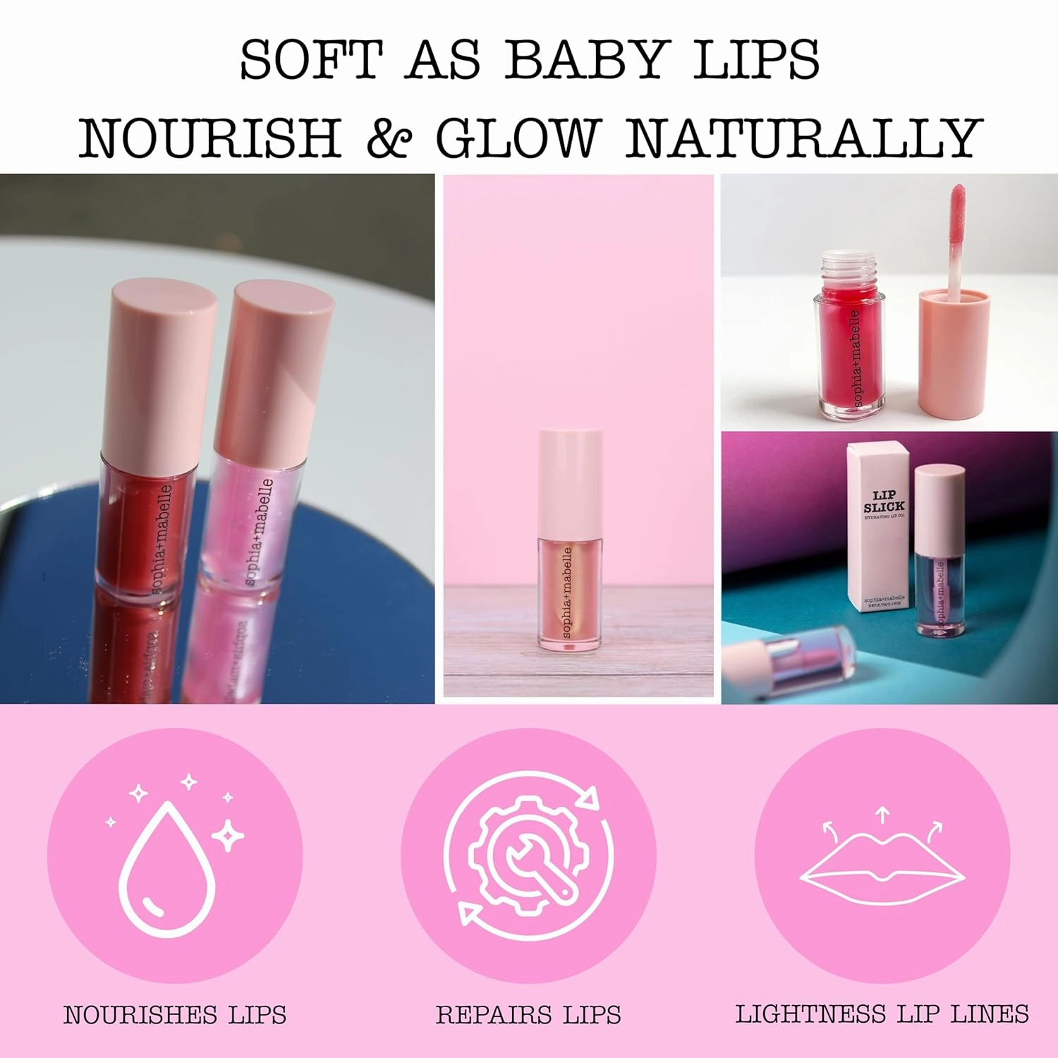 Sophia   Mabelle Hydrating Lip Oil – Lightweight, Non-Sticky & High-Shine Lip Gloss Oil – Moisturizing, Nourishing, Soothing Tinted Formula for Soft Lips – 3.7g (Shady Beach (Hot Pink), 3.7g)
