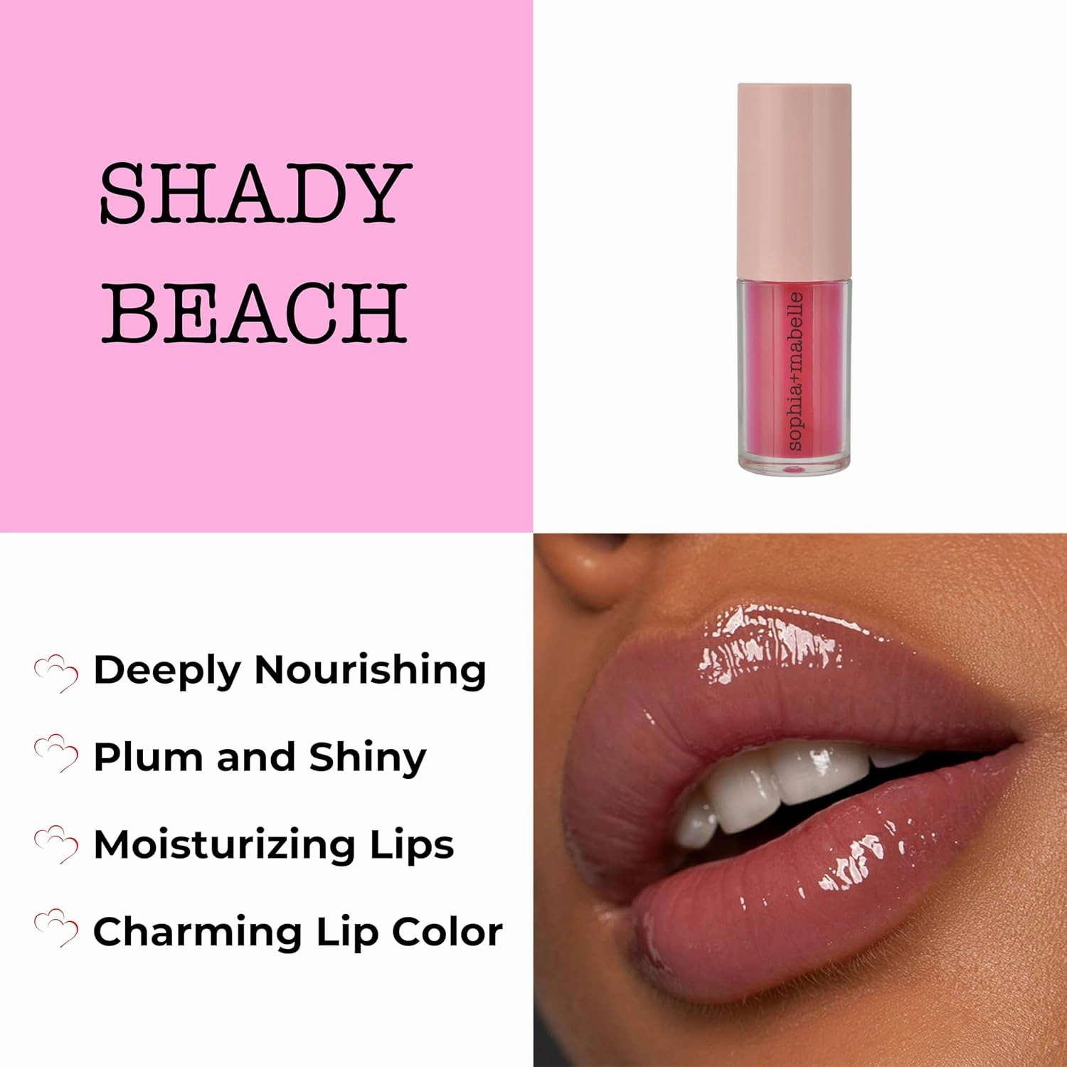 Sophia   Mabelle Hydrating Lip Oil – Lightweight, Non-Sticky & High-Shine Lip Gloss Oil – Moisturizing, Nourishing, Soothing Tinted Formula for Soft Lips – 3.7g (Shady Beach (Hot Pink), 3.7g)